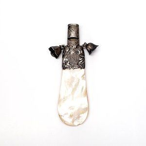 Whiting Mfg Co Silver Mother of Pearl Baby Whistle & Rattle w/ Monogram #7291